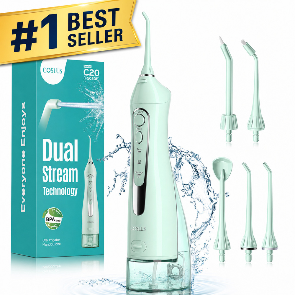 COSLUS C20 Cordless Water Dental Flosser Oral Irrigator New 5 Tips Green